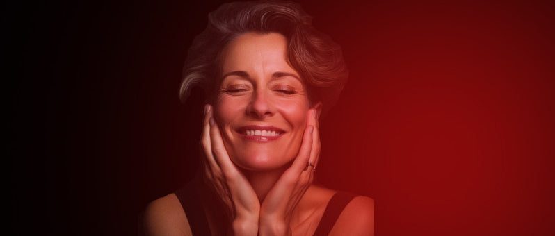 Woman facing a red light therapy panel for skin health and rejuvenation