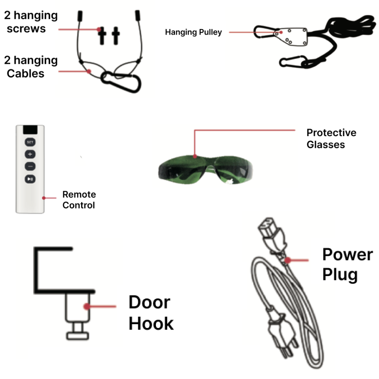 The items that come with the panel: hanging kit, door hook, power cable and plug, remote control, protective glasses